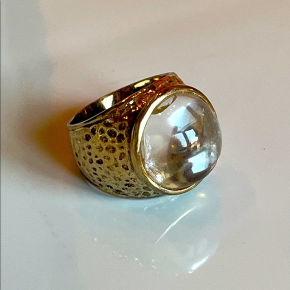 Hammered Goldtone and Clear Stone Ring - Picture 1 of 10